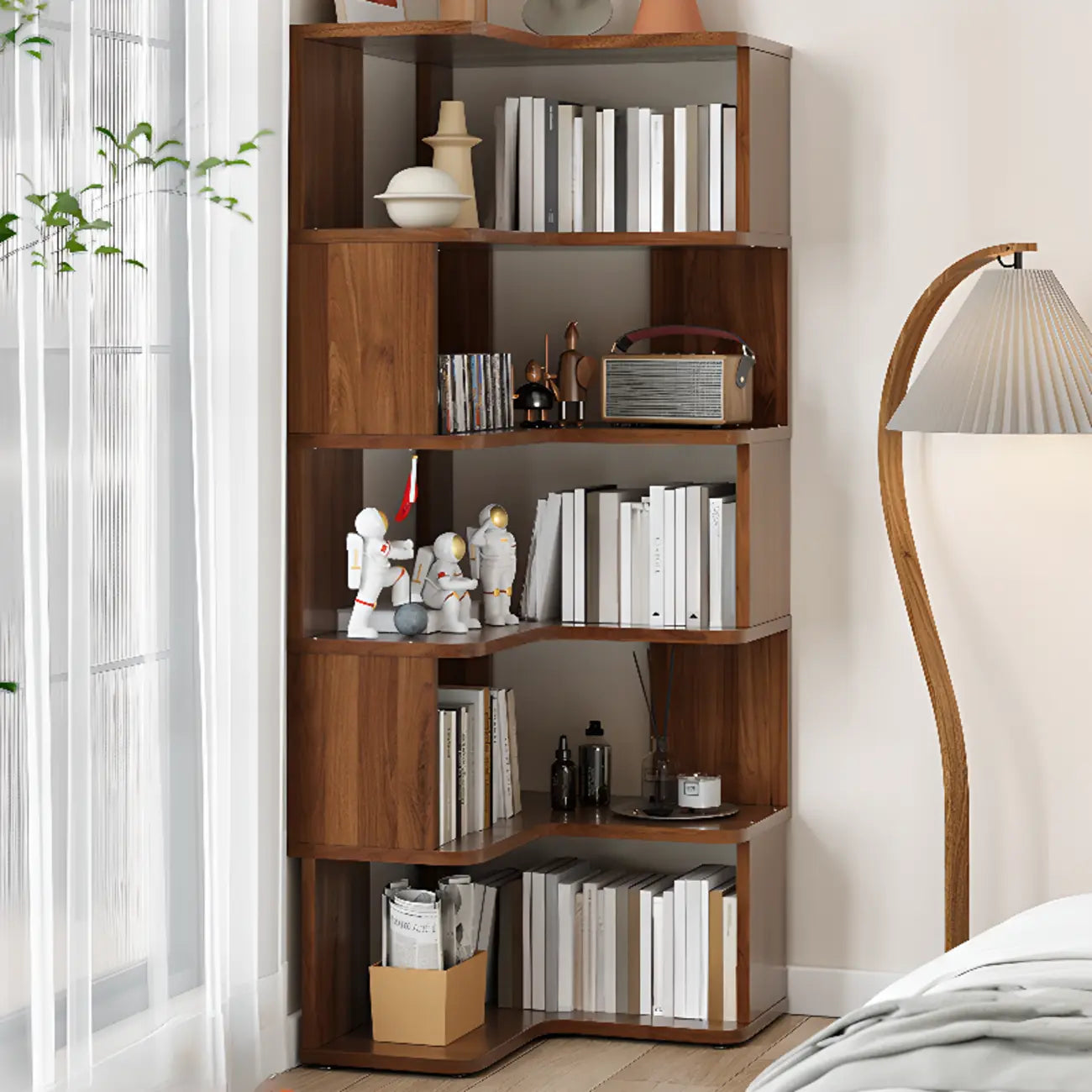 6-Tier L-Shaped Wood Nut-Brown Open Corner Bookcase
