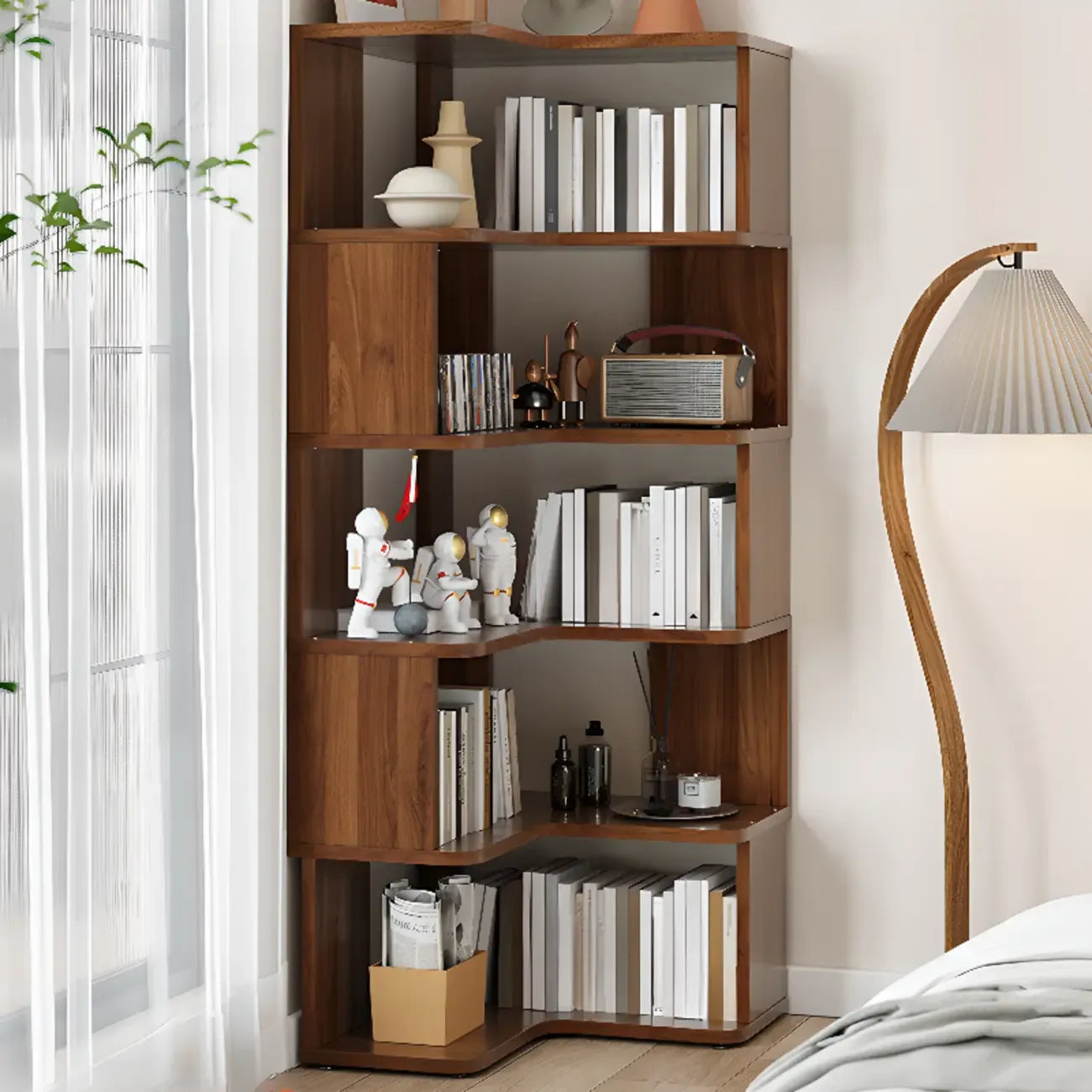 6-Tier L-Shaped Wood Nut-Brown Open Corner Bookcase