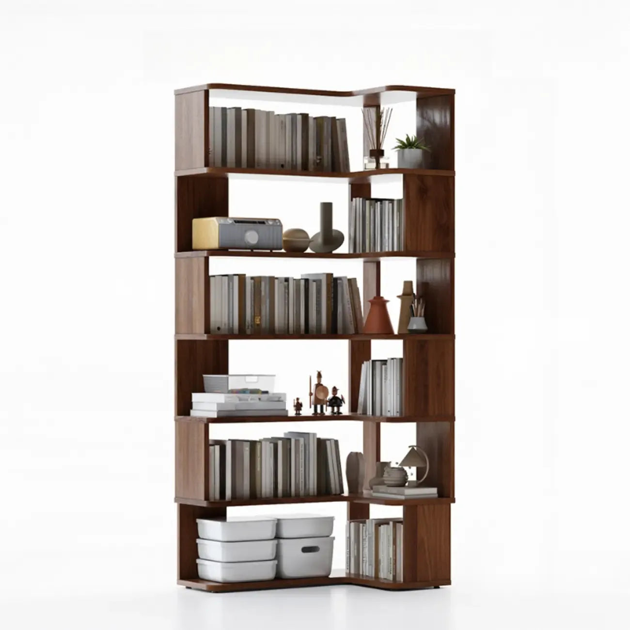 6-Tier L-Shaped Wood Nut-Brown Open Corner Bookcase