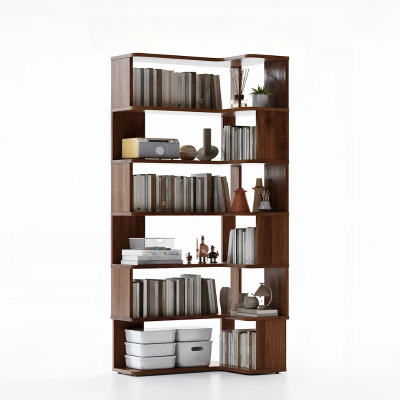 6-Tier L-Shaped Wood Nut-Brown Open Corner Bookcase