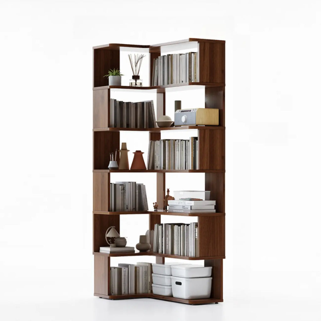 6-Tier L-Shaped Wood Nut-Brown Open Corner Bookcase