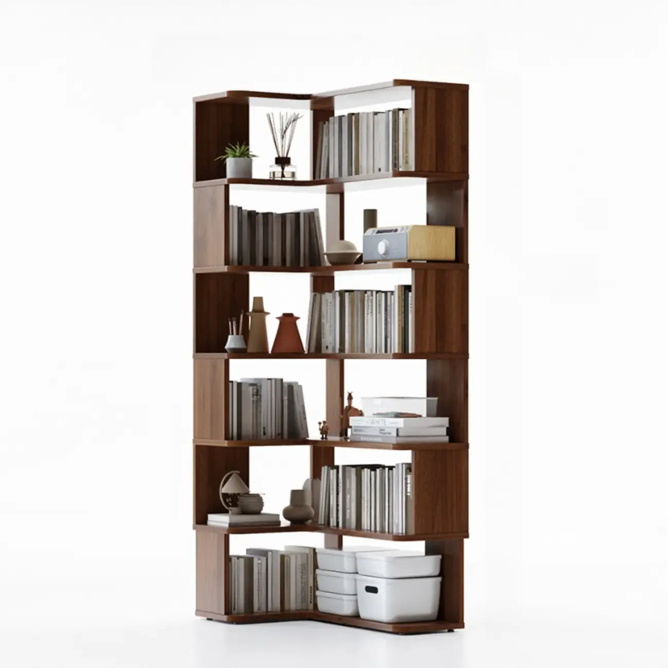 6-Tier L-Shaped Wood Nut-Brown Open Corner Bookcase