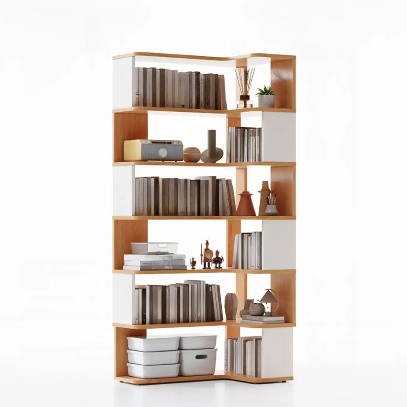 6-Tier L-Shaped Wood Nut-Brown Open Corner Bookcase