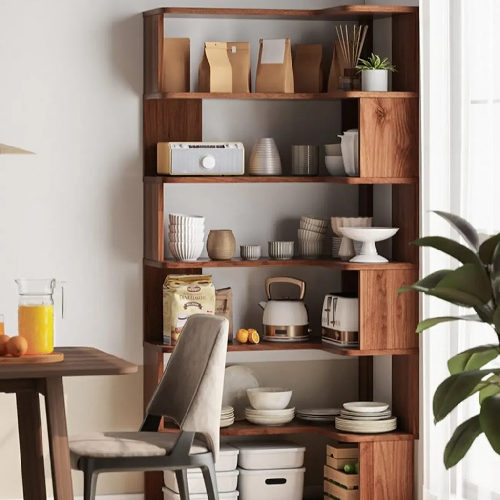 6-Tier L-Shaped Wood Nut-Brown Open Corner Bookcase