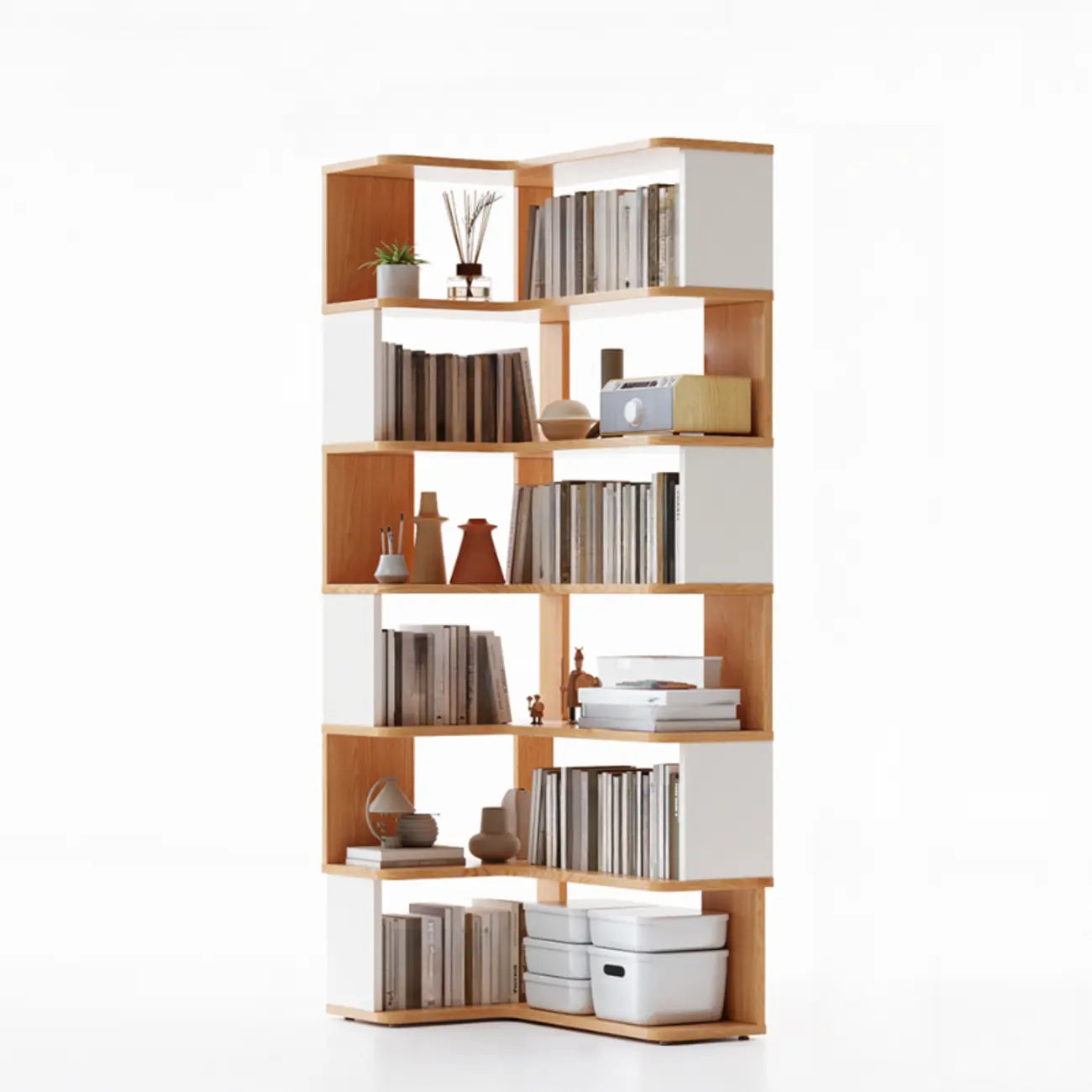 6-Tier L-Shaped Wood Nut-Brown Open Corner Bookcase