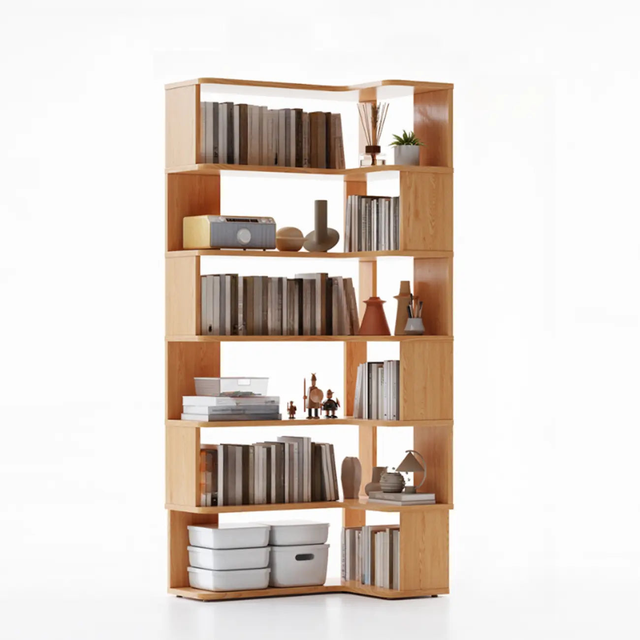 6-Tier L-Shaped Wood Nut-Brown Open Corner Bookcase