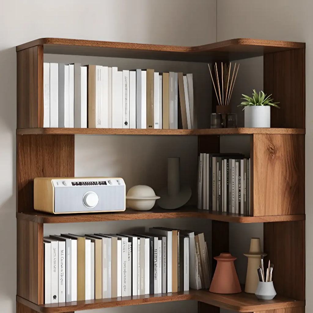 6-Tier L-Shaped Wood Nut-Brown Open Corner Bookcase