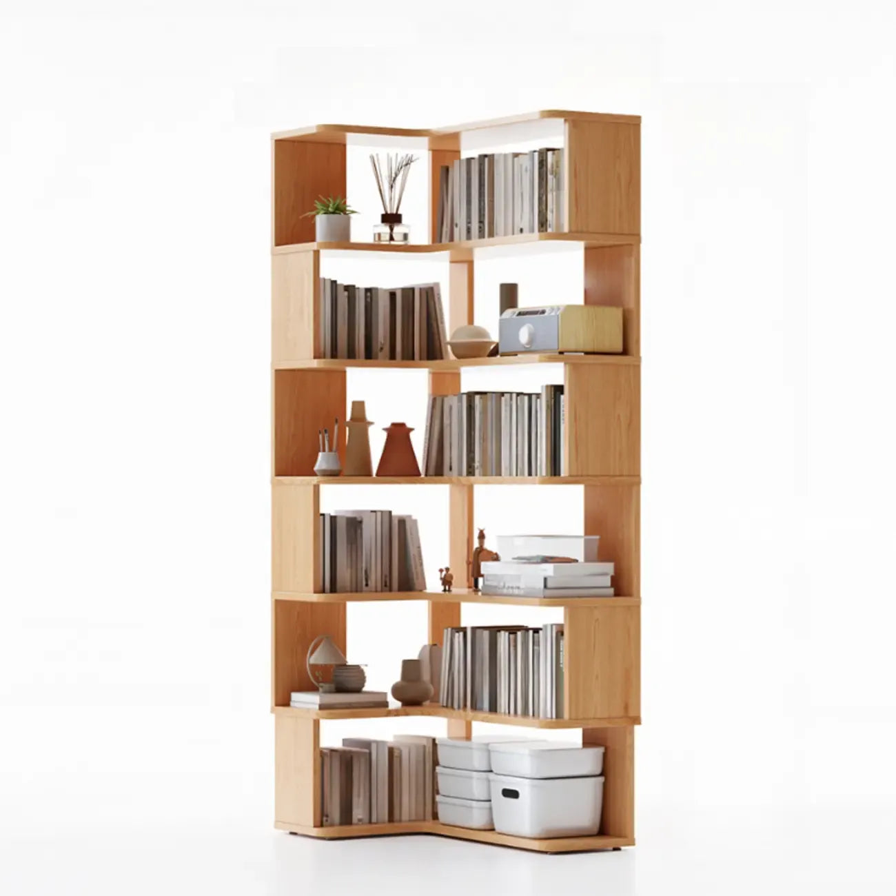 6-Tier L-Shaped Wood Nut-Brown Open Corner Bookcase