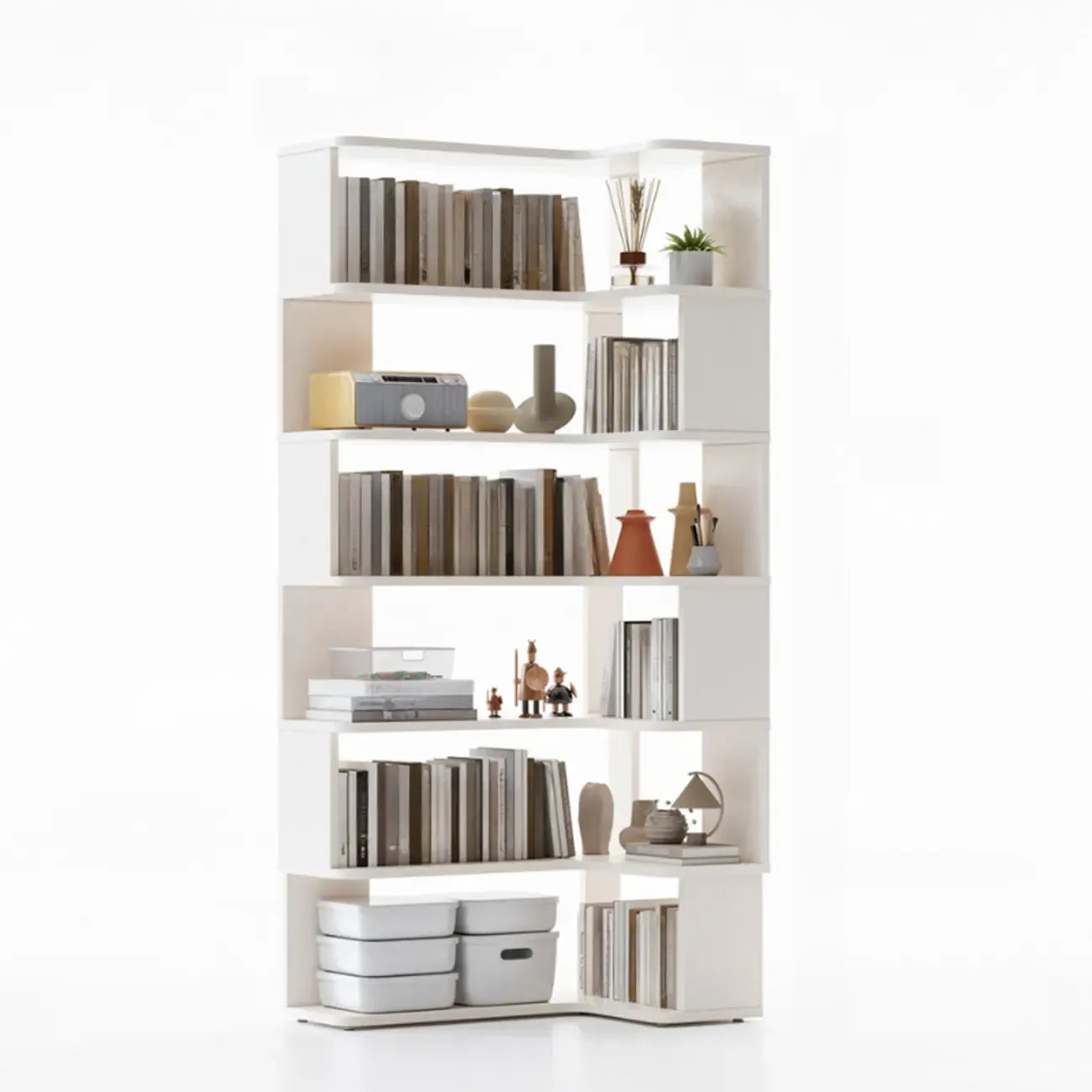6-Tier L-Shaped Wood Nut-Brown Open Corner Bookcase