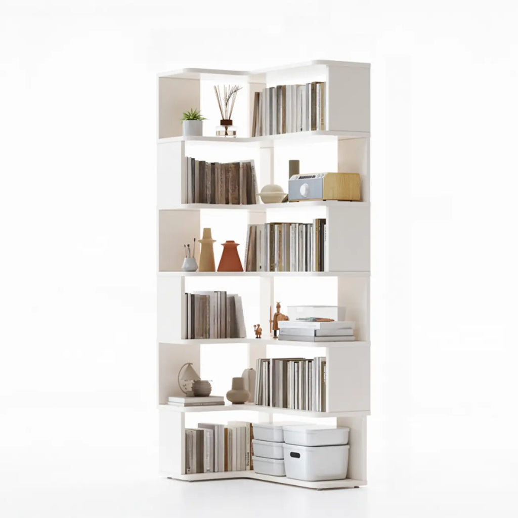 6-Tier L-Shaped Wood Nut-Brown Open Corner Bookcase