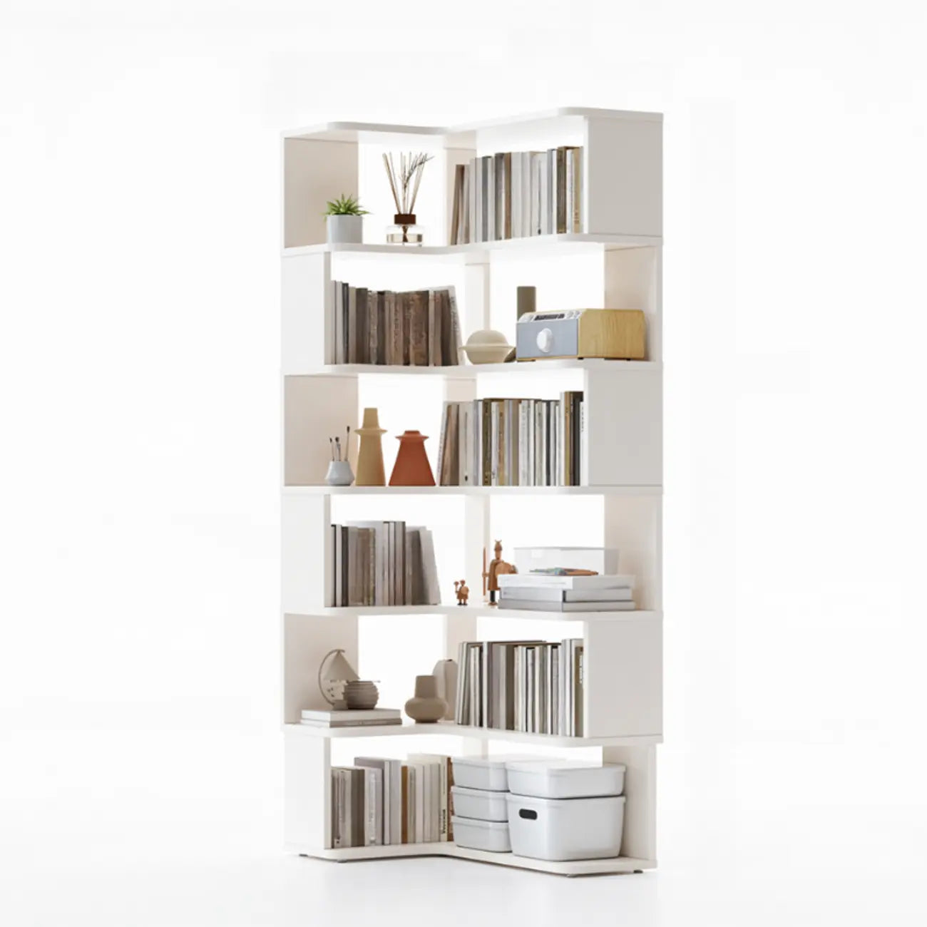 6-Tier L-Shaped Wood Nut-Brown Open Corner Bookcase