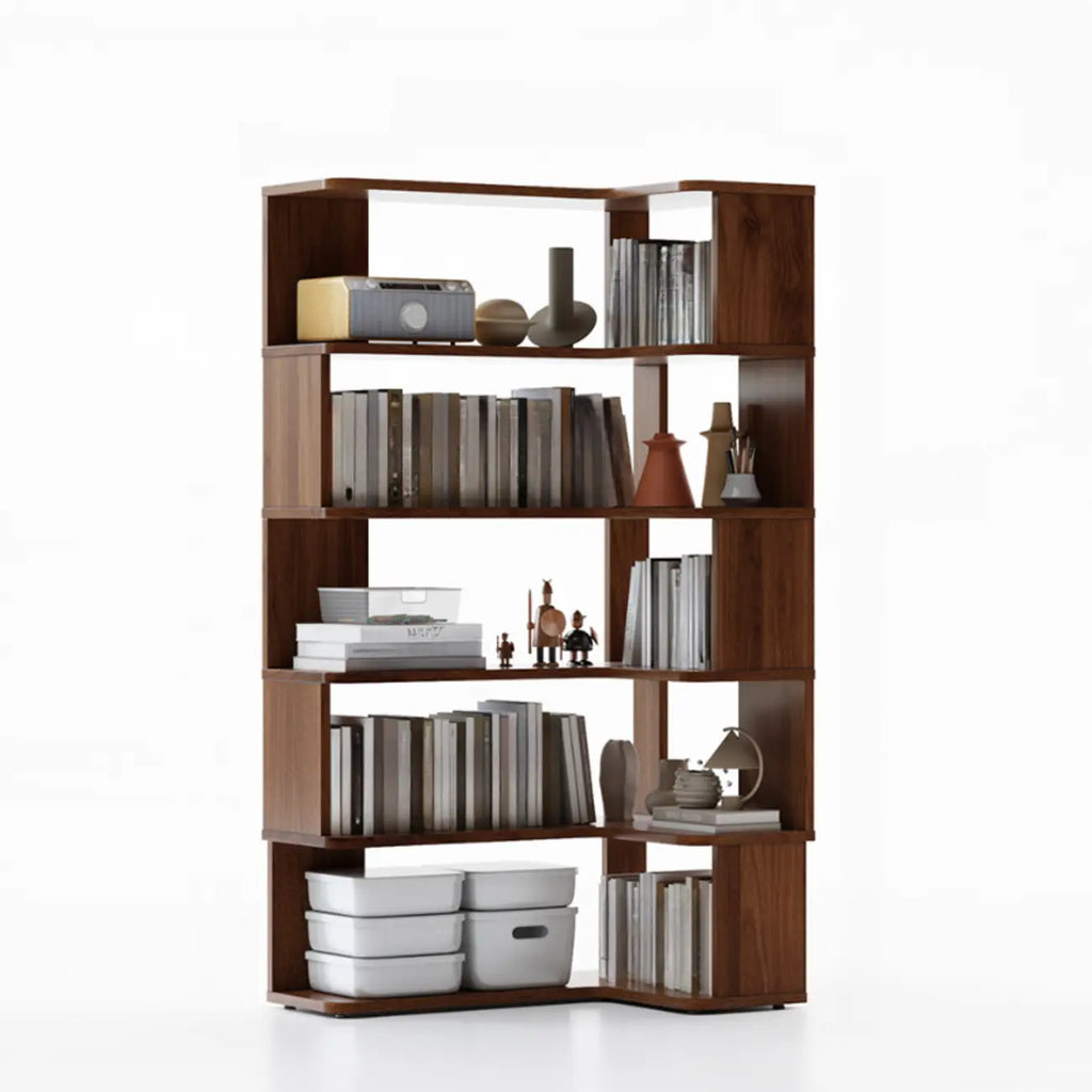 6-Tier L-Shaped Wood Nut-Brown Open Corner Bookcase