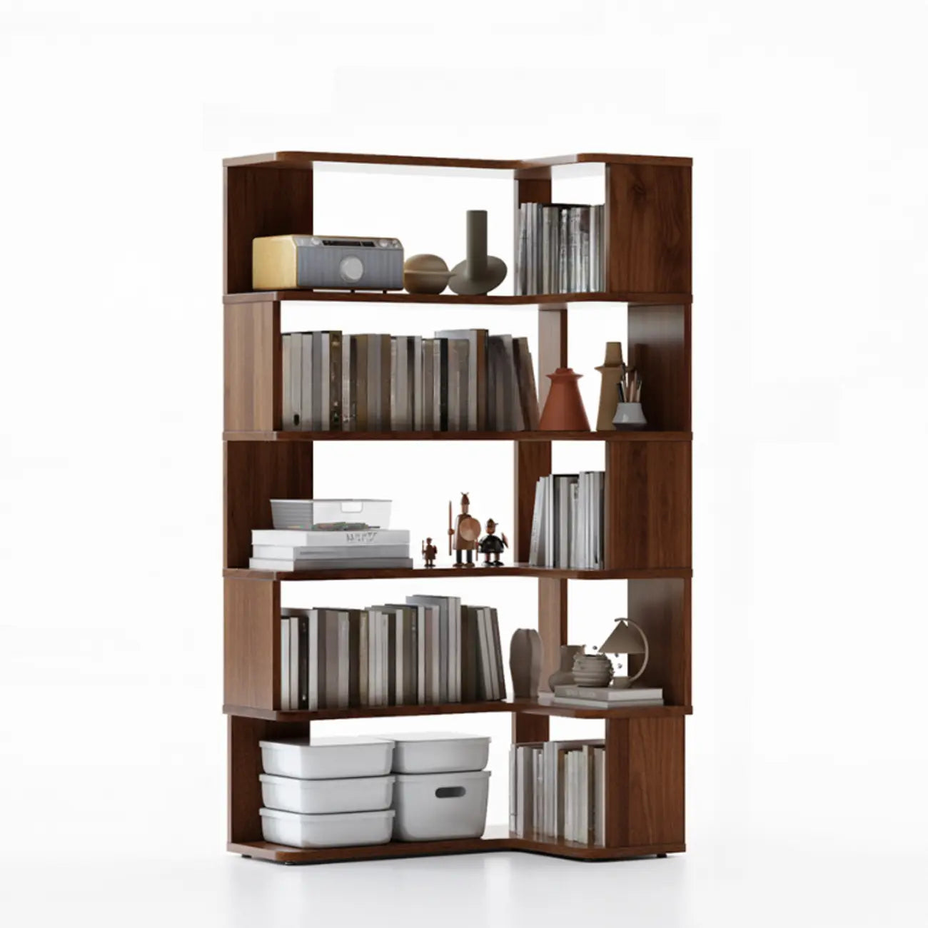 6-Tier L-Shaped Wood Nut-Brown Open Corner Bookcase