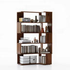 6-Tier L-Shaped Wood Nut-Brown Open Corner Bookcase