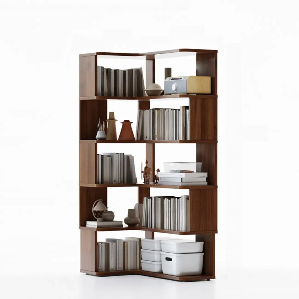 6-Tier L-Shaped Wood Nut-Brown Open Corner Bookcase