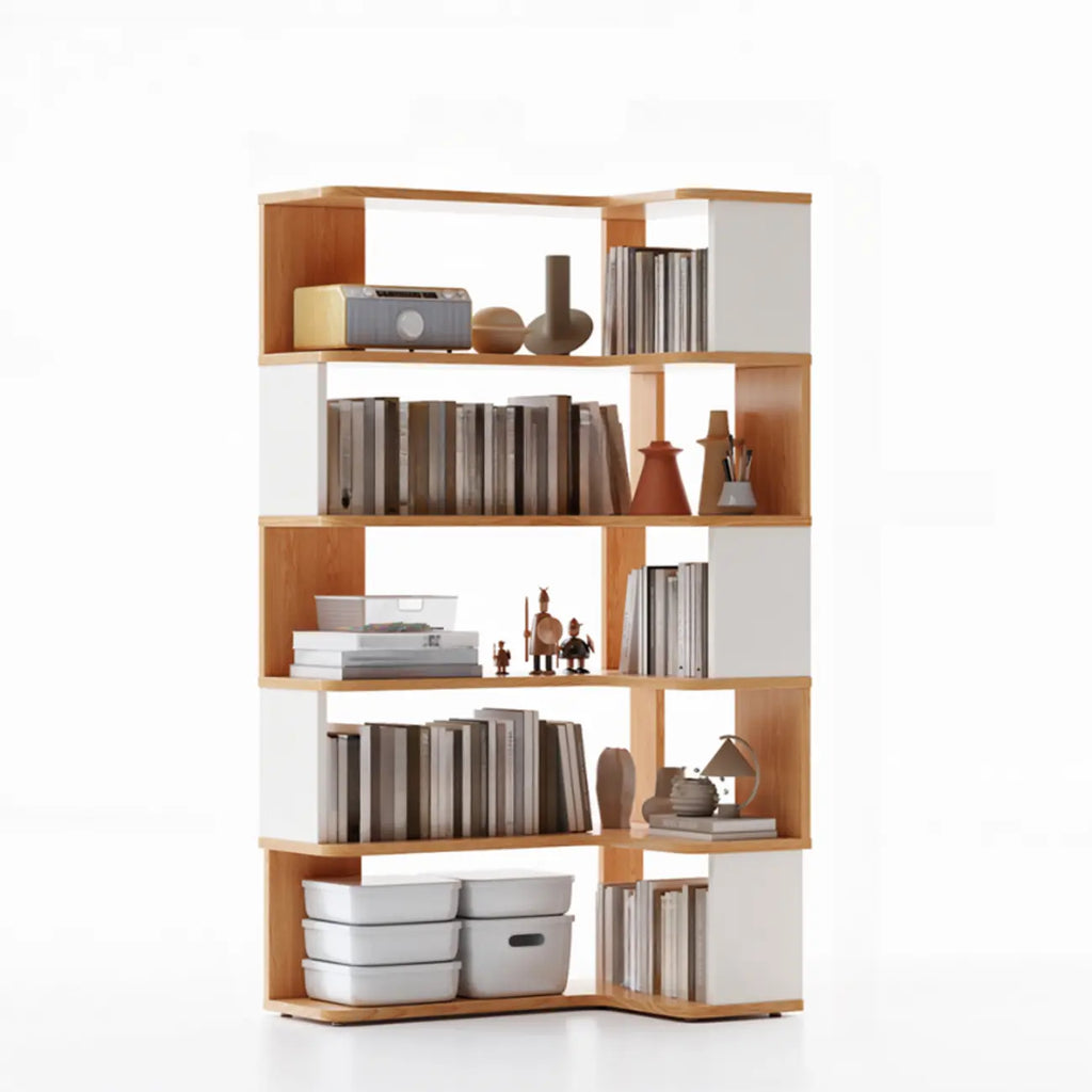 6-Tier L-Shaped Wood Nut-Brown Open Corner Bookcase