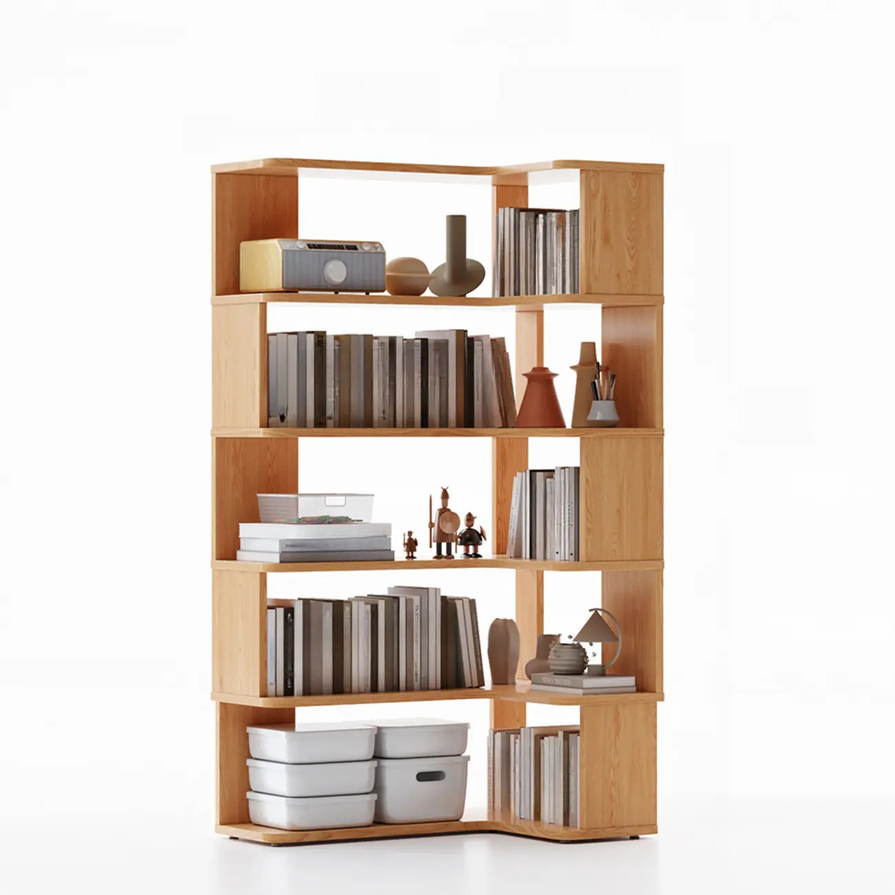 6-Tier L-Shaped Wood Nut-Brown Open Corner Bookcase