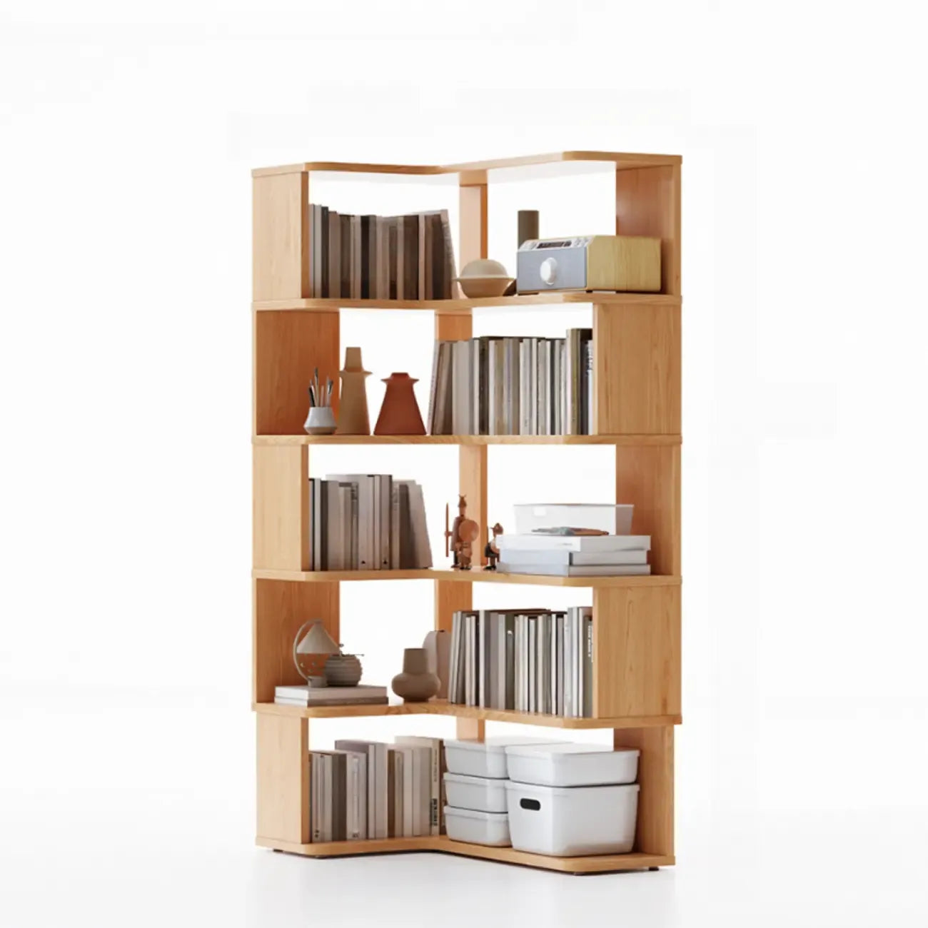 6-Tier L-Shaped Wood Nut-Brown Open Corner Bookcase
