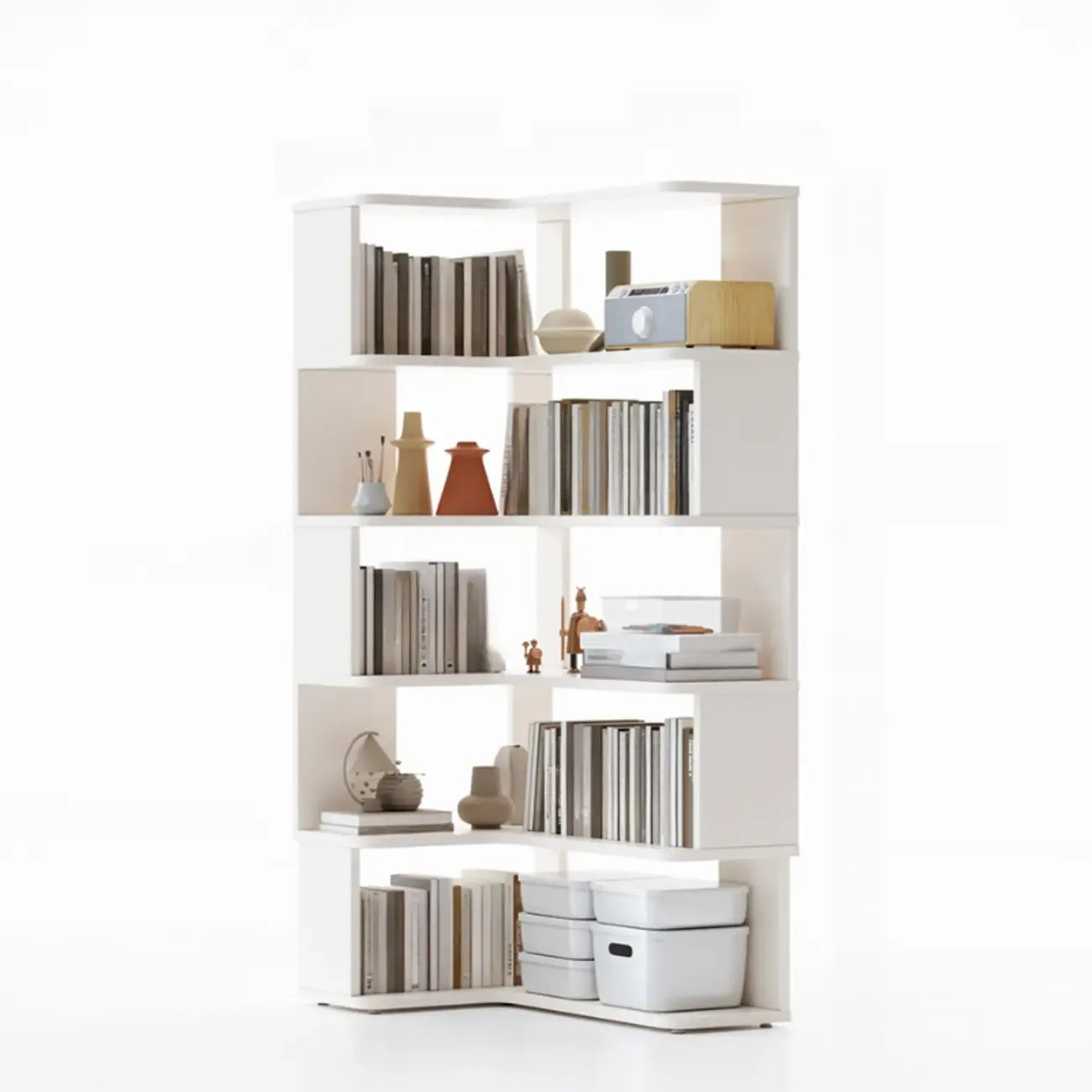 6-Tier L-Shaped Wood Nut-Brown Open Corner Bookcase