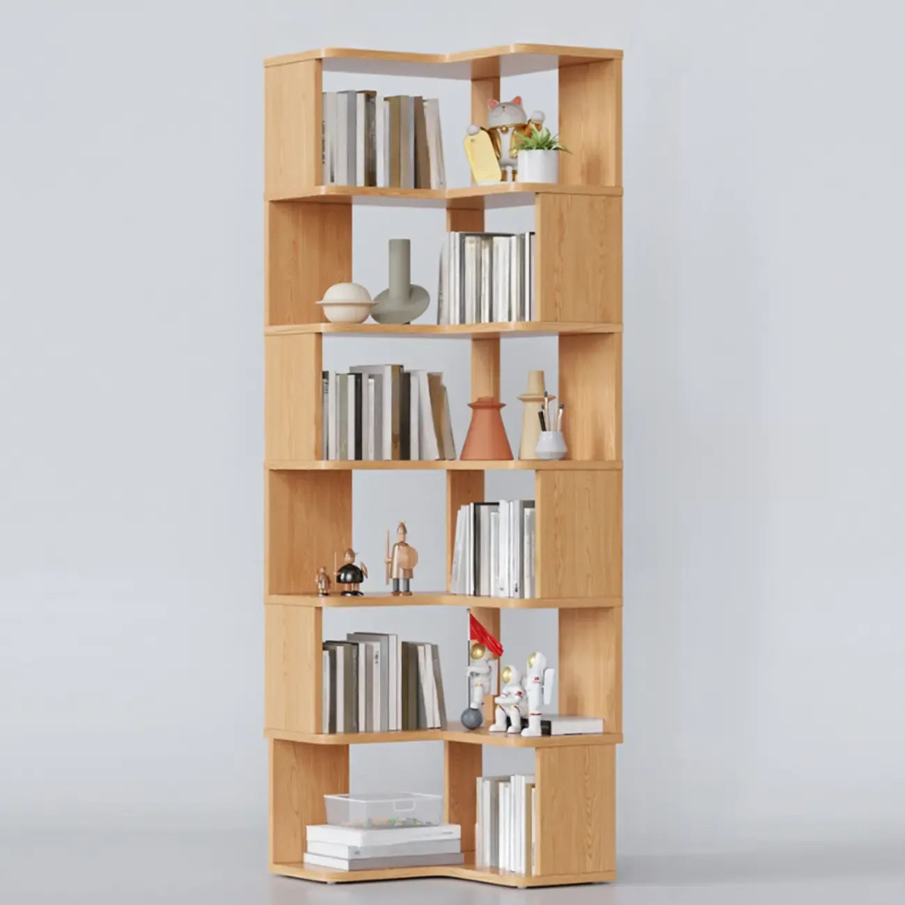 6-Tier L-Shaped Wood Nut-Brown Open Corner Bookcase