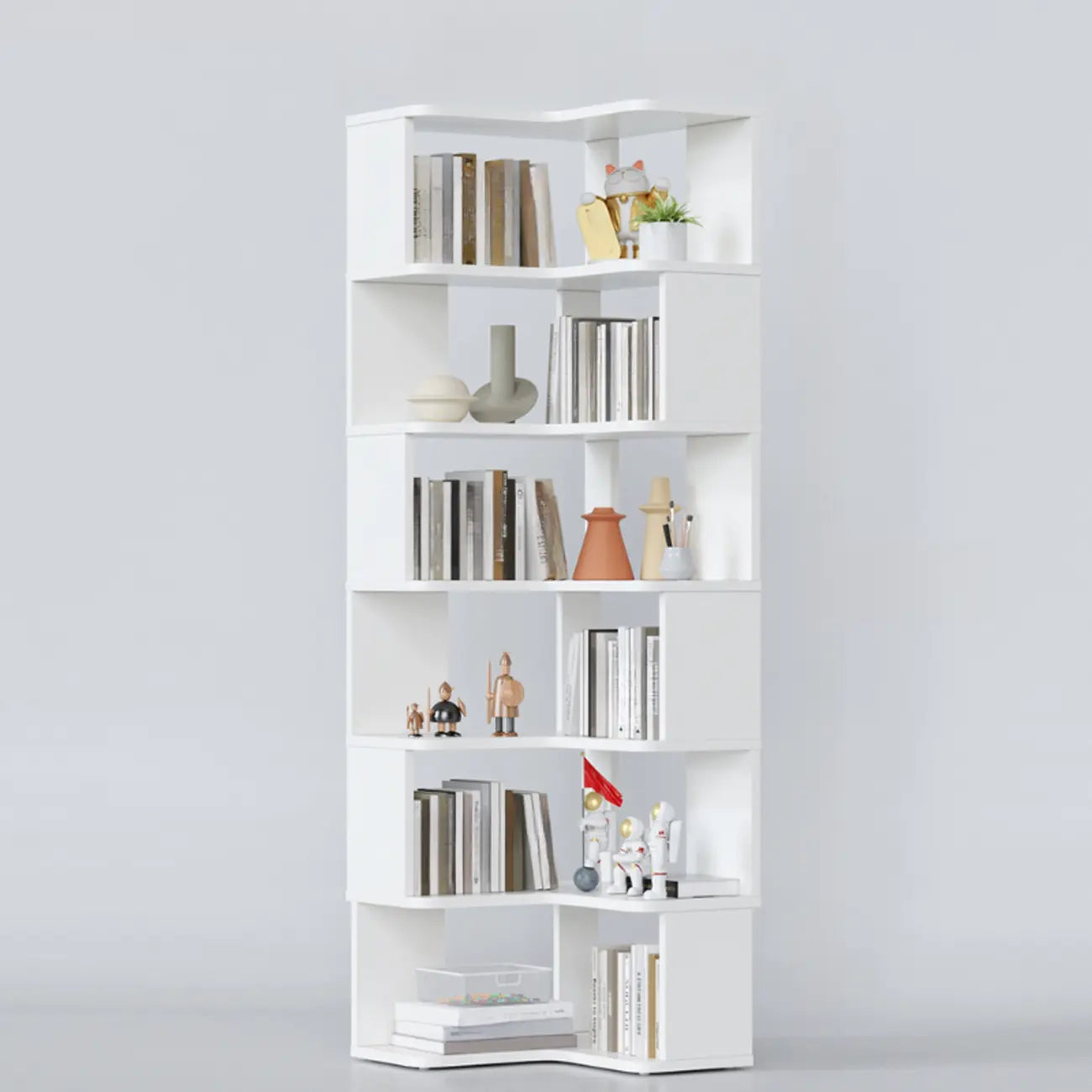 6-Tier L-Shaped Wood Nut-Brown Open Corner Bookcase