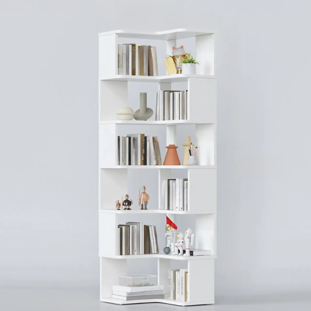 6-Tier L-Shaped Wood Nut-Brown Open Corner Bookcase
