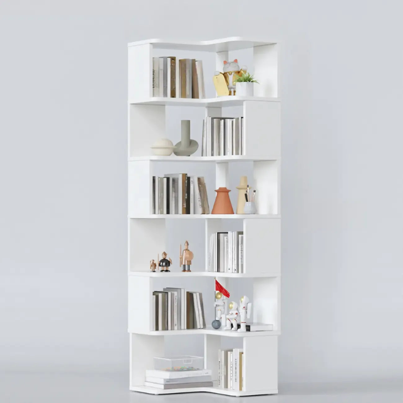 6-Tier L-Shaped Wood Nut-Brown Open Corner Bookcase