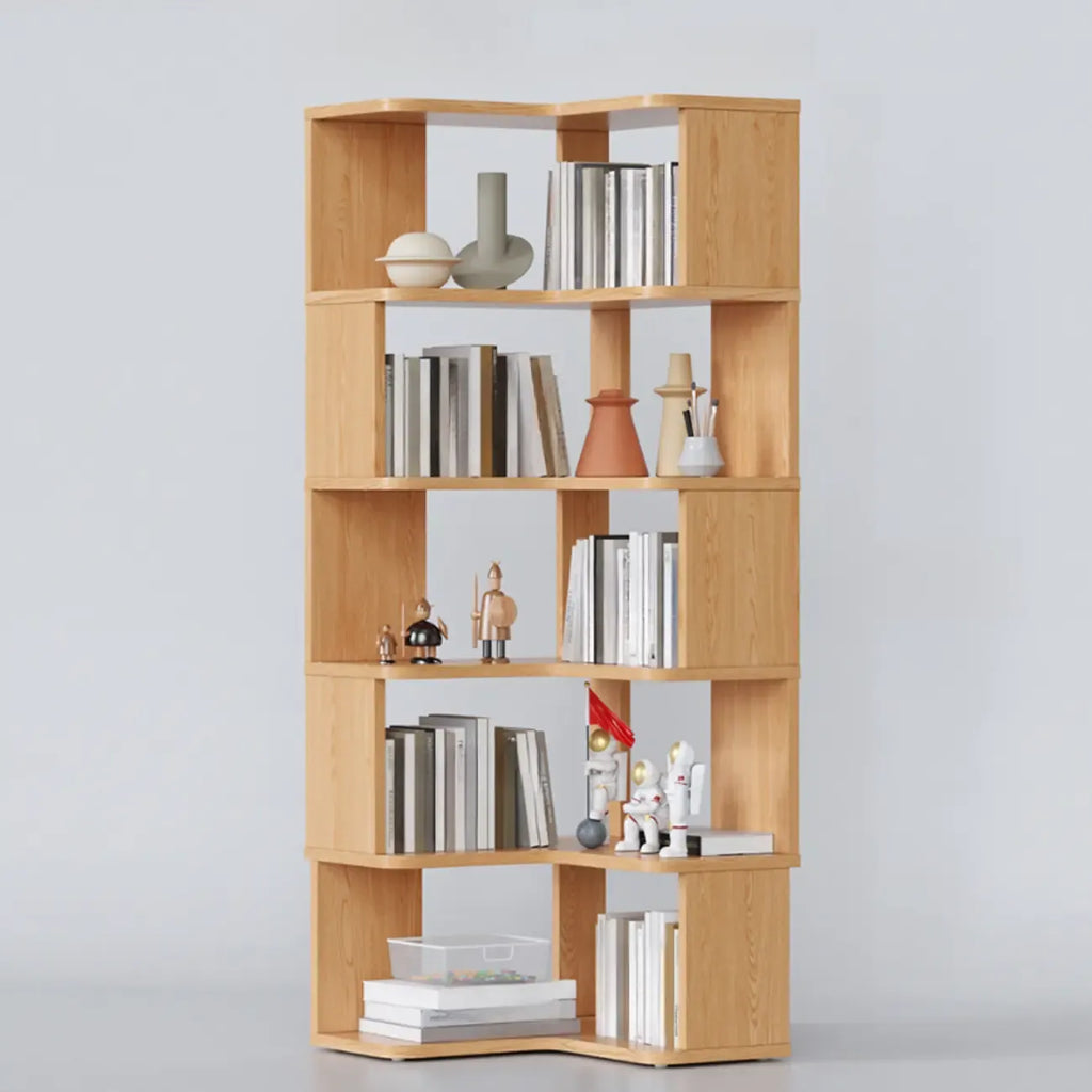6-Tier L-Shaped Wood Nut-Brown Open Corner Bookcase