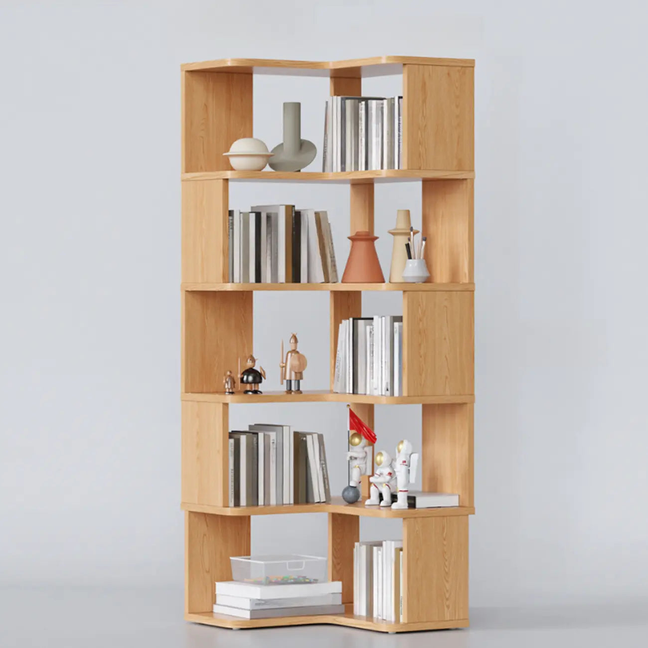 6-Tier L-Shaped Wood Nut-Brown Open Corner Bookcase