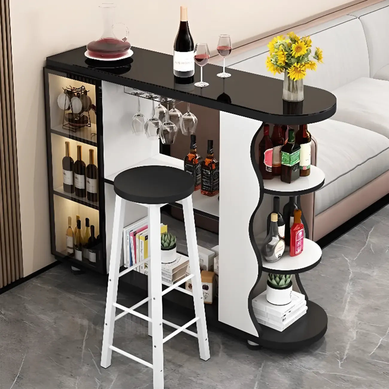 Modern Stone Top Freeform Bar Table with Storage for Home Bars