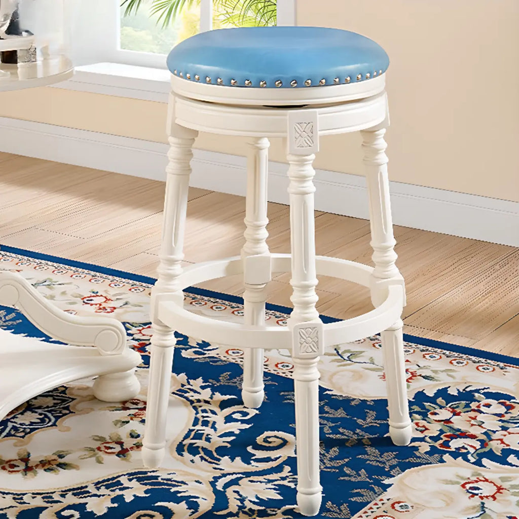 Traditional Blue Faux Leather Swivel Round Bar Stools