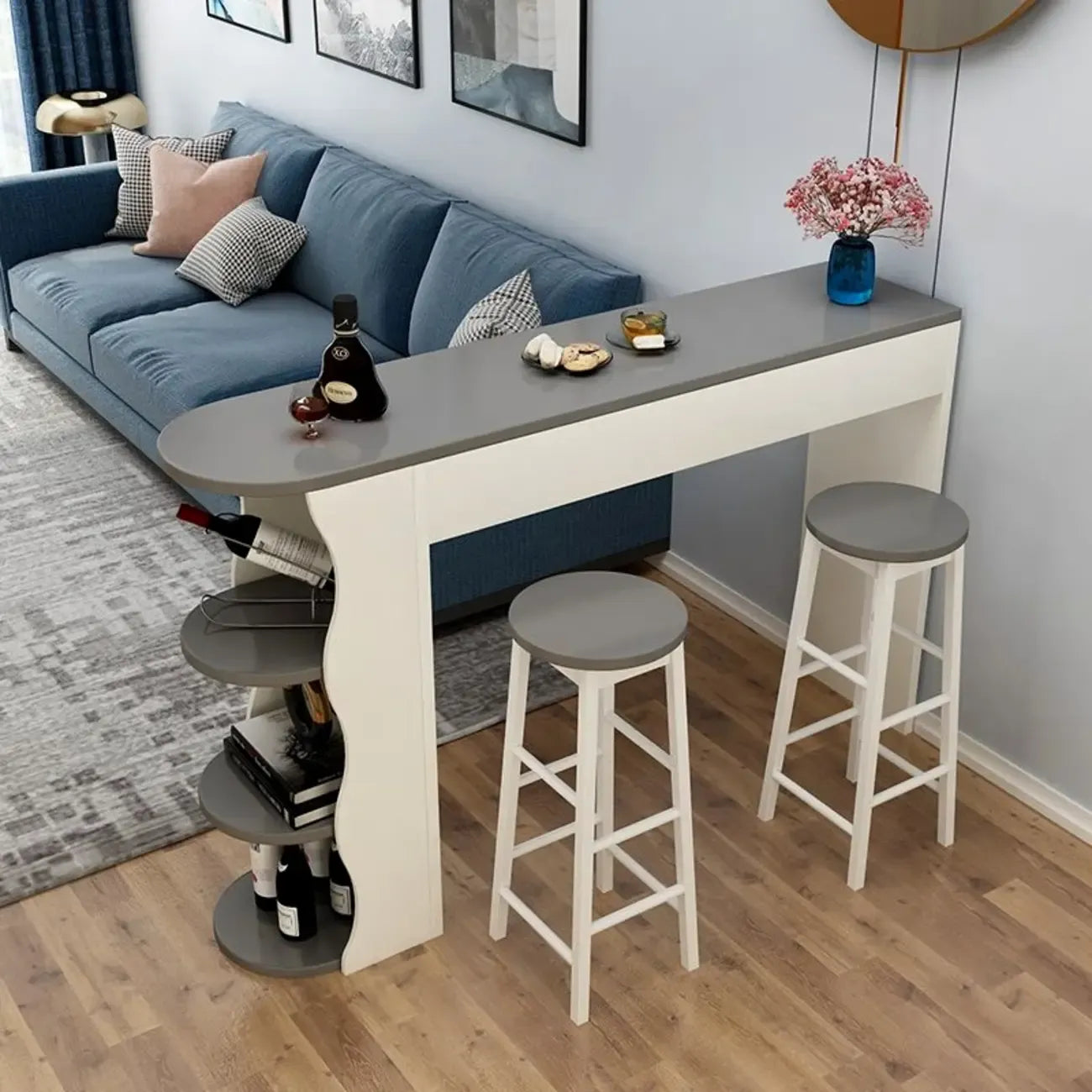 Modern Black-White Wooden Asymmetrical Shelves Bar Tables