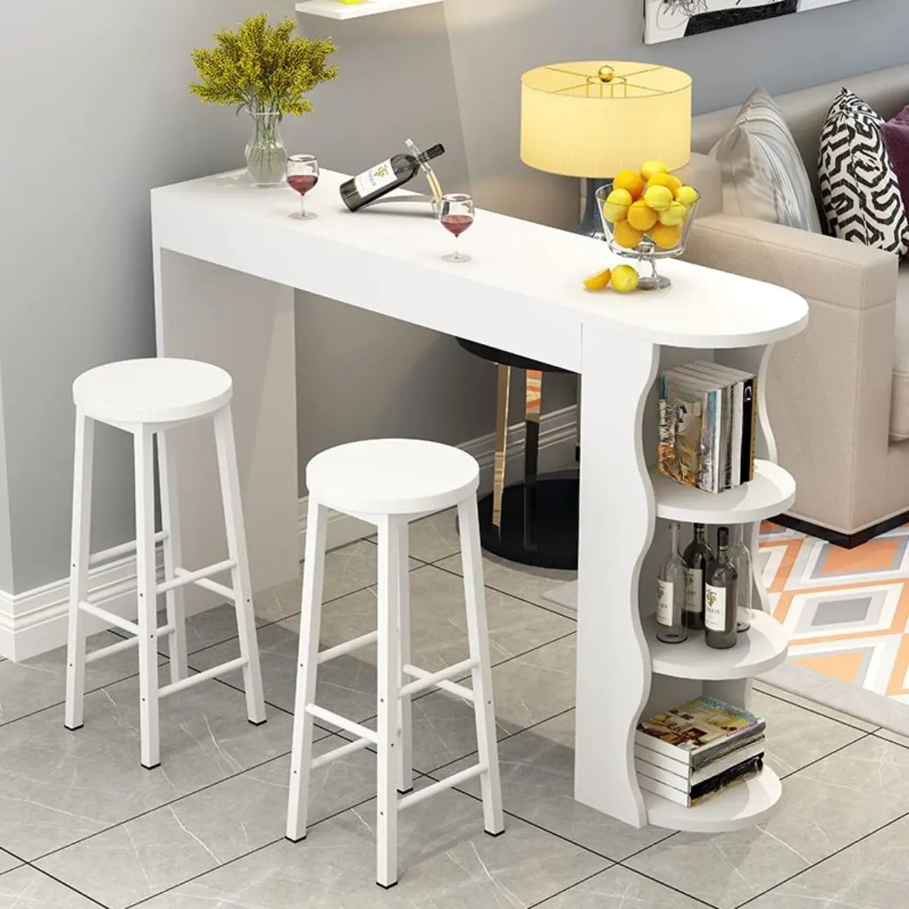 Modern Black-White Wooden Asymmetrical Shelves Bar Tables