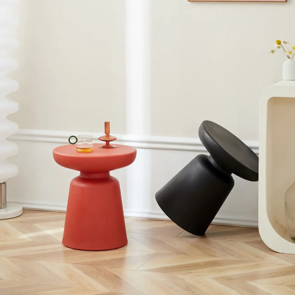 Simple Red Round End Table with Drum Base