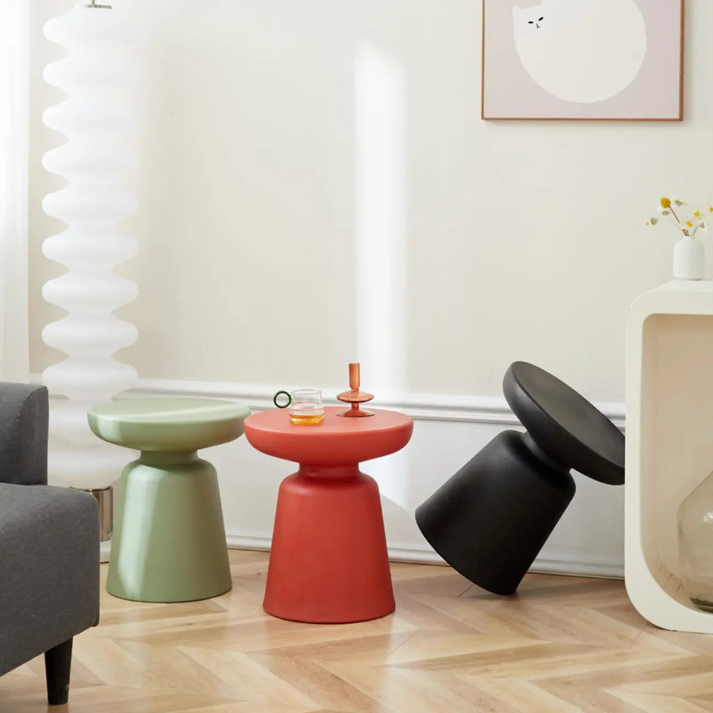 Simple Red Round End Table with Drum Base