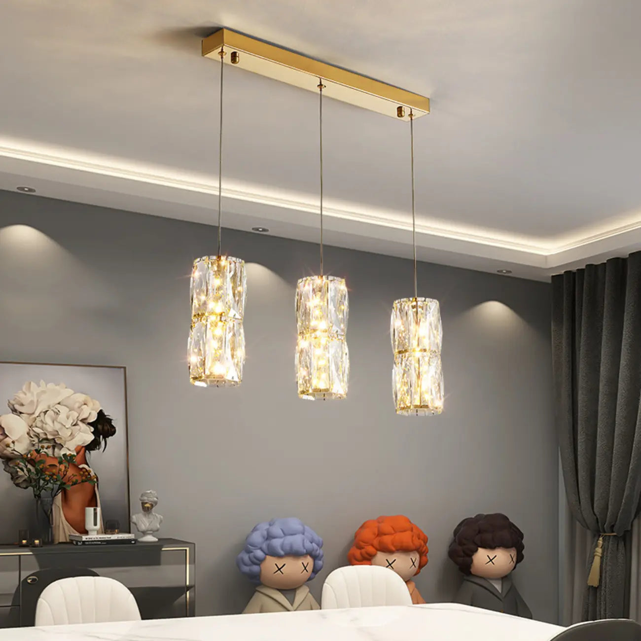 Cylinder Crystal Island Pendant Light Dimmable LED for Kitchen