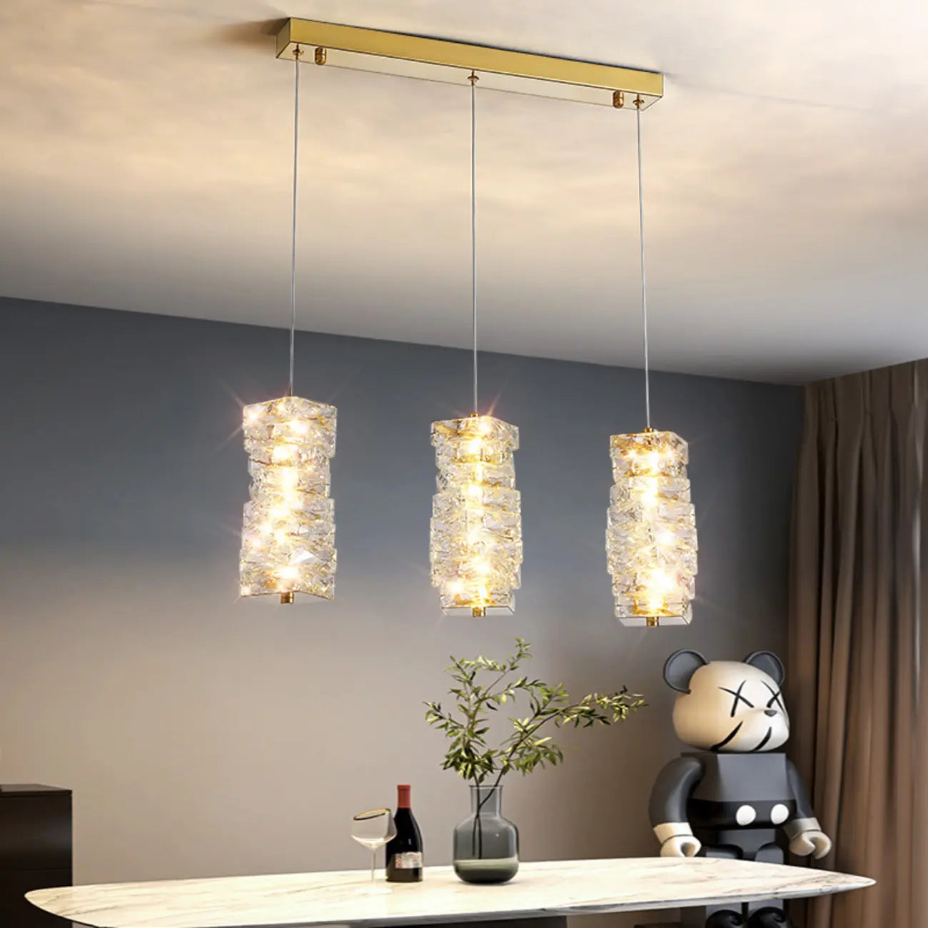 Cylinder Crystal Island Pendant Light Dimmable LED for Kitchen
