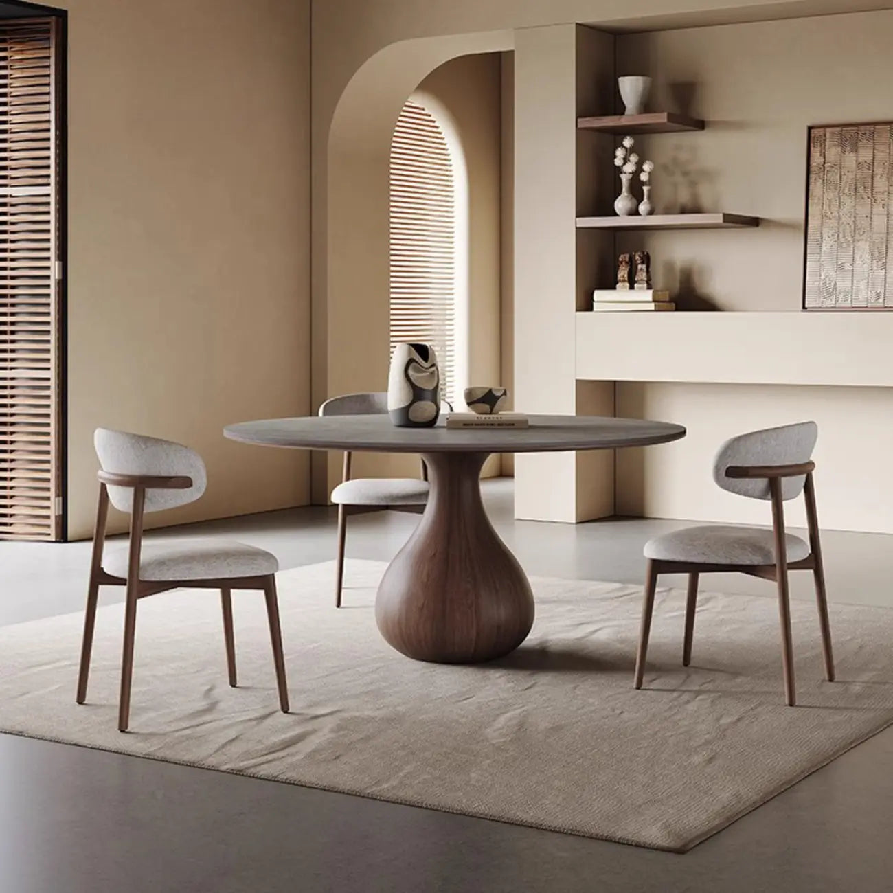 Scandinavian Brown Grey Round Dining Table with Pedestal