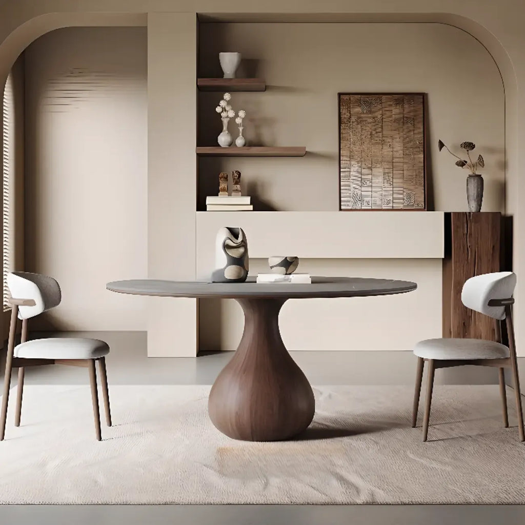Scandinavian Brown Grey Round Dining Table with Pedestal
