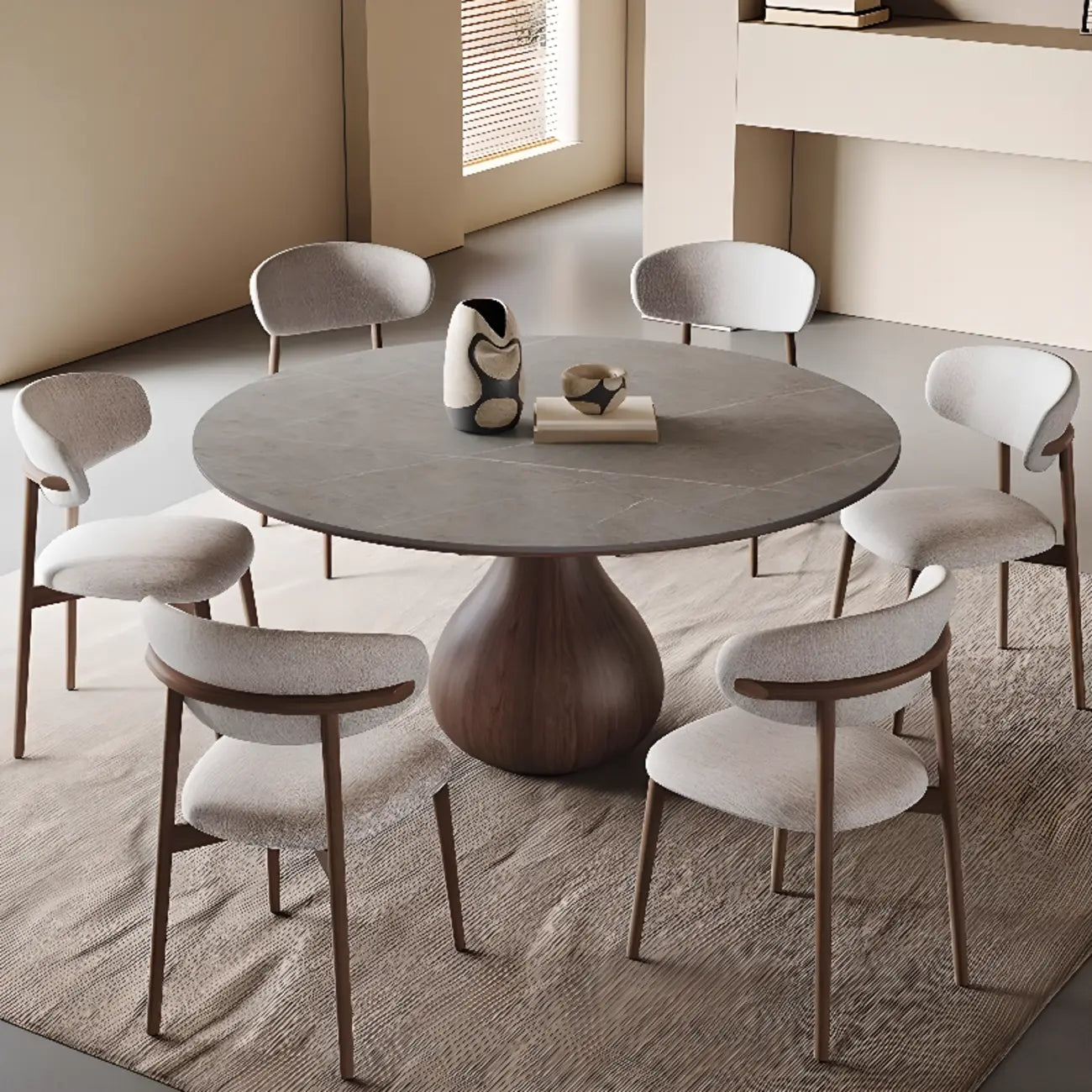 Scandinavian Brown Grey Round Dining Table with Pedestal