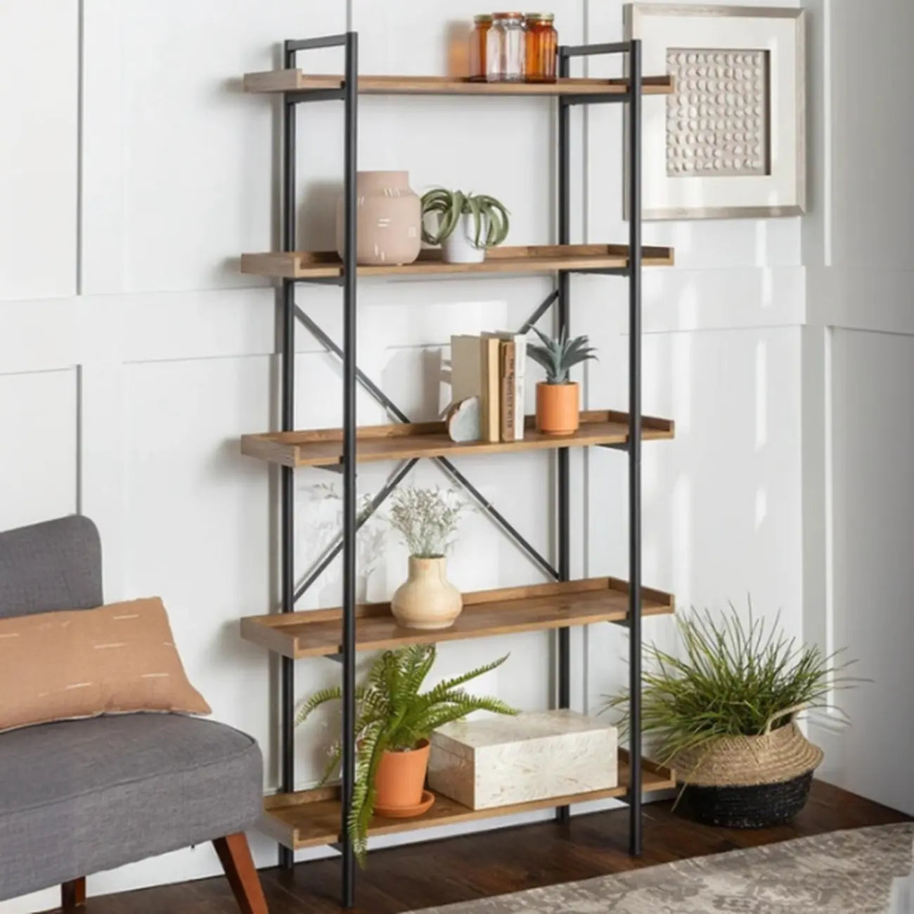 5-Tier Open Back Metal Frame Rectangular Bookcase
