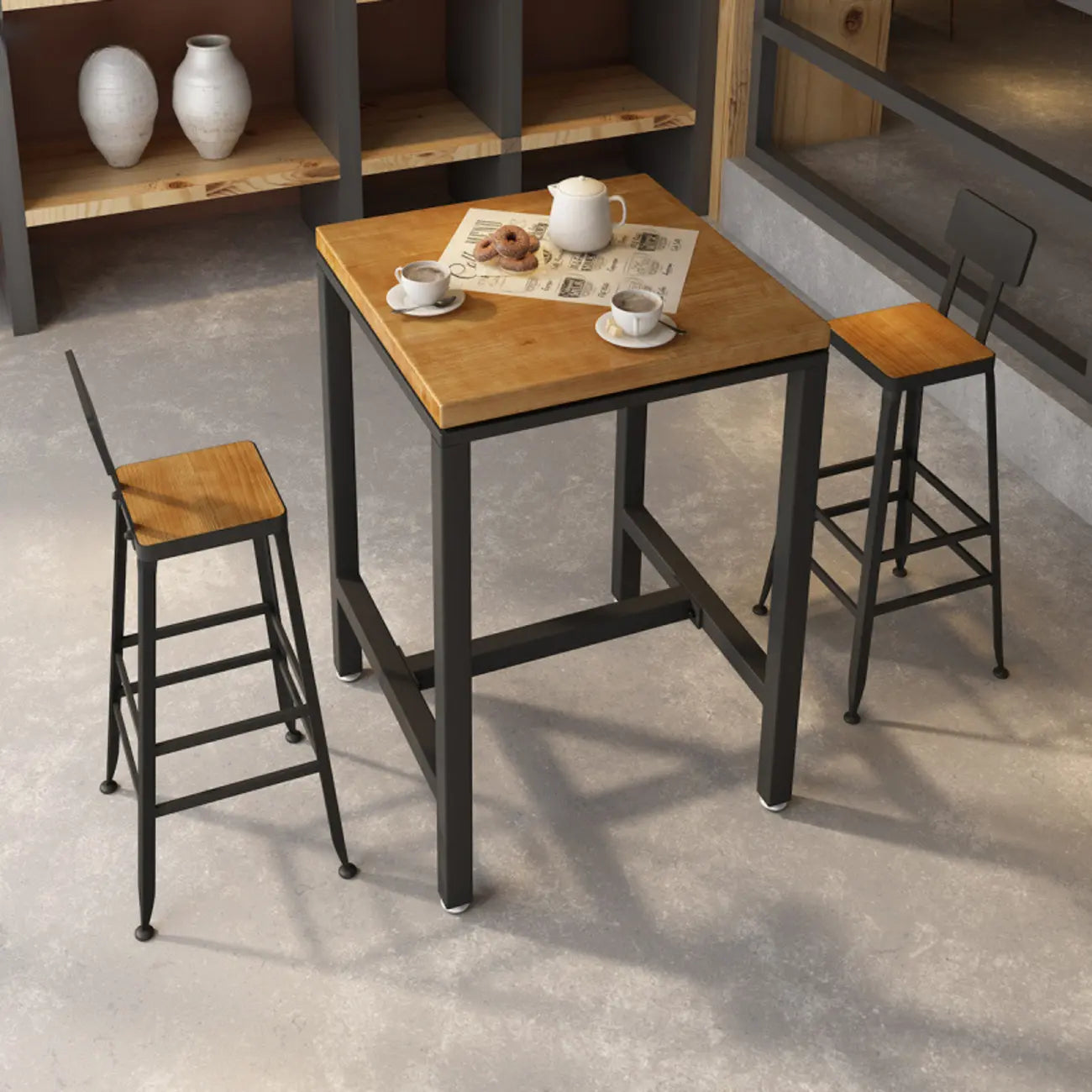 Industrial Wooden Top Bar Height Table with Footrest for Dining