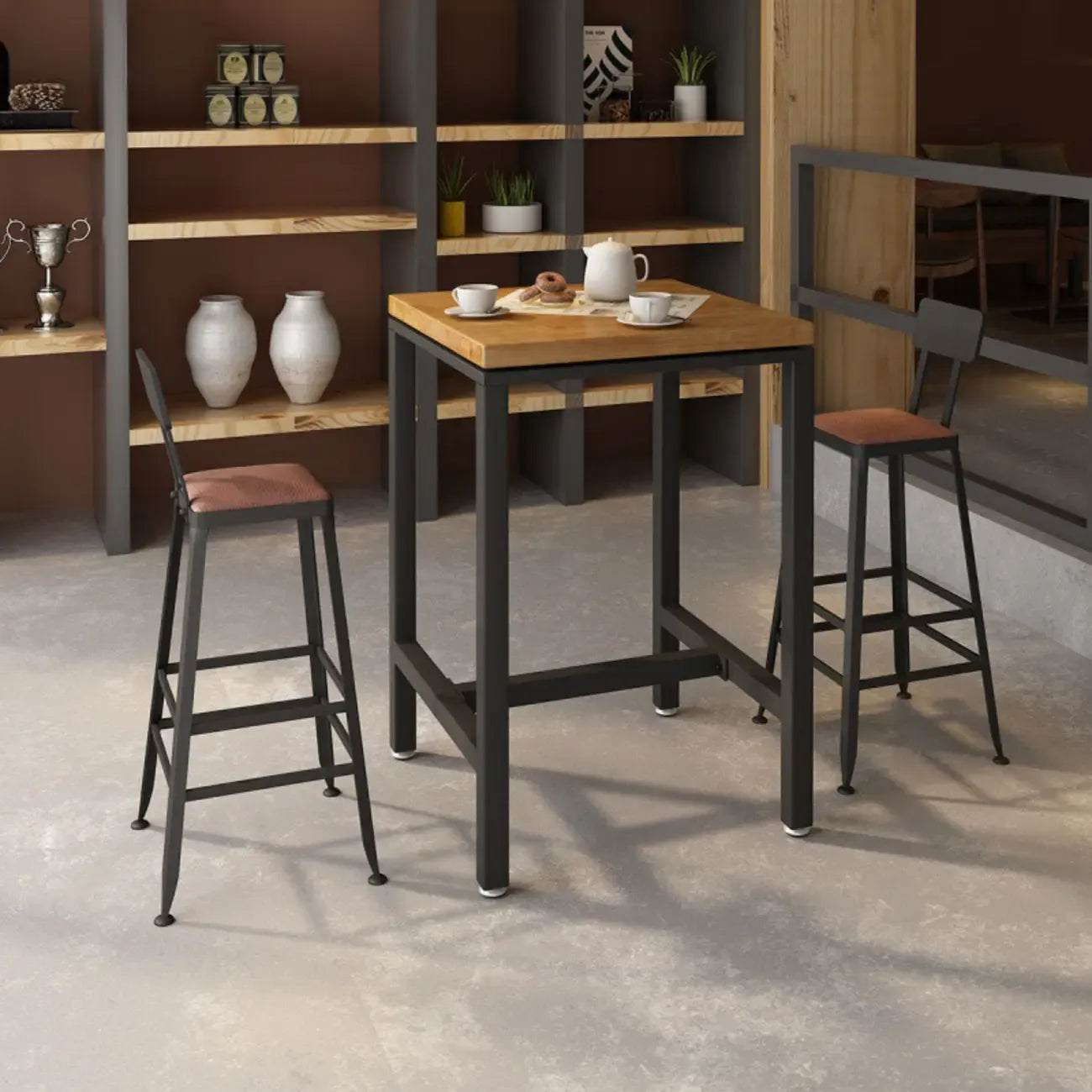 Industrial Wooden Top Bar Height Table with Footrest for Dining