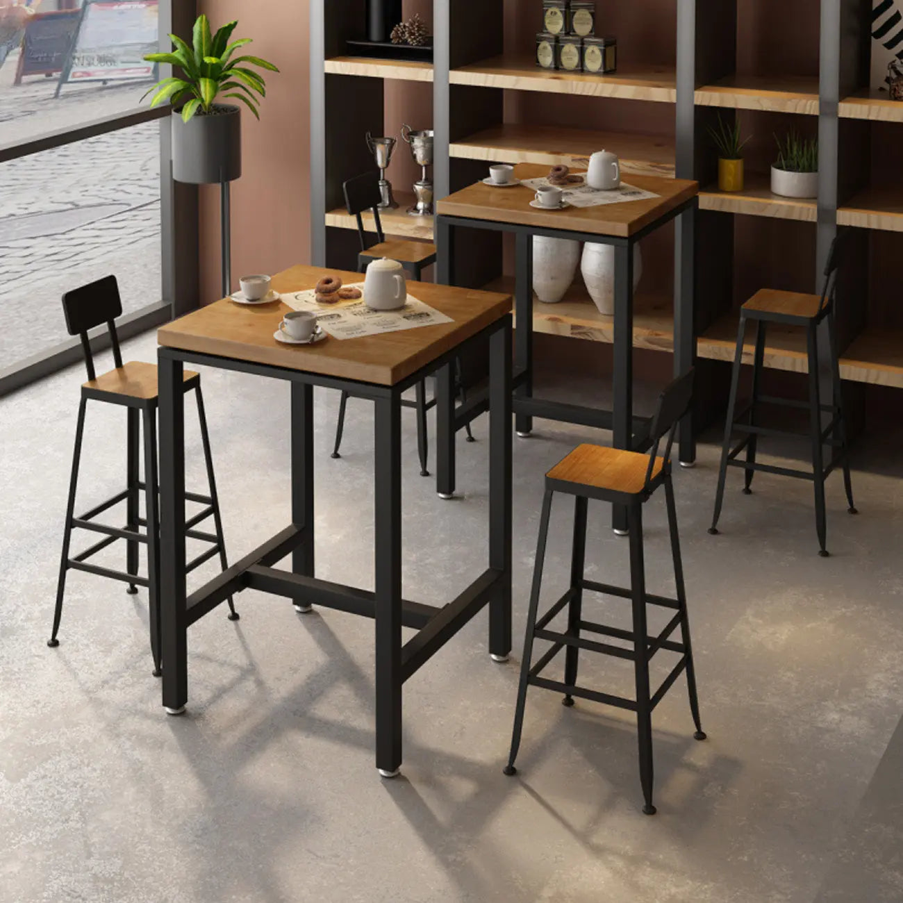 Industrial Wooden Top Bar Height Table with Footrest for Dining