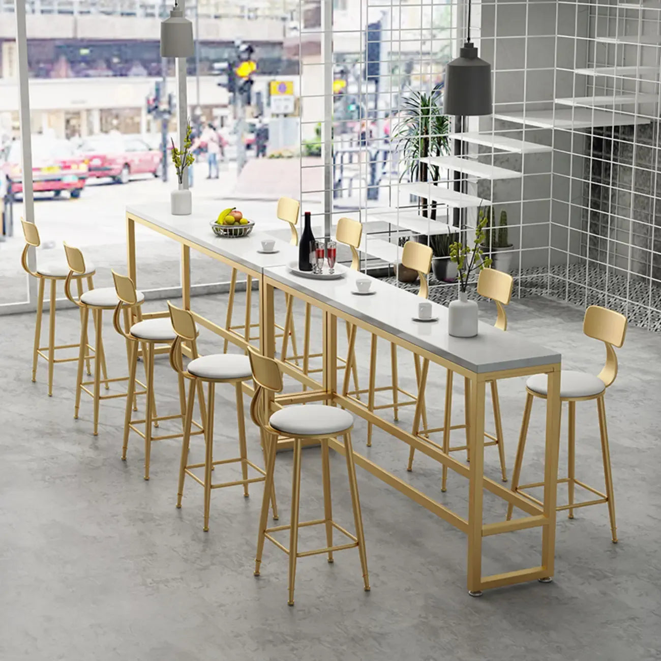 Modern Rectangle Marble Top Bar Table Gold Base with Footrest