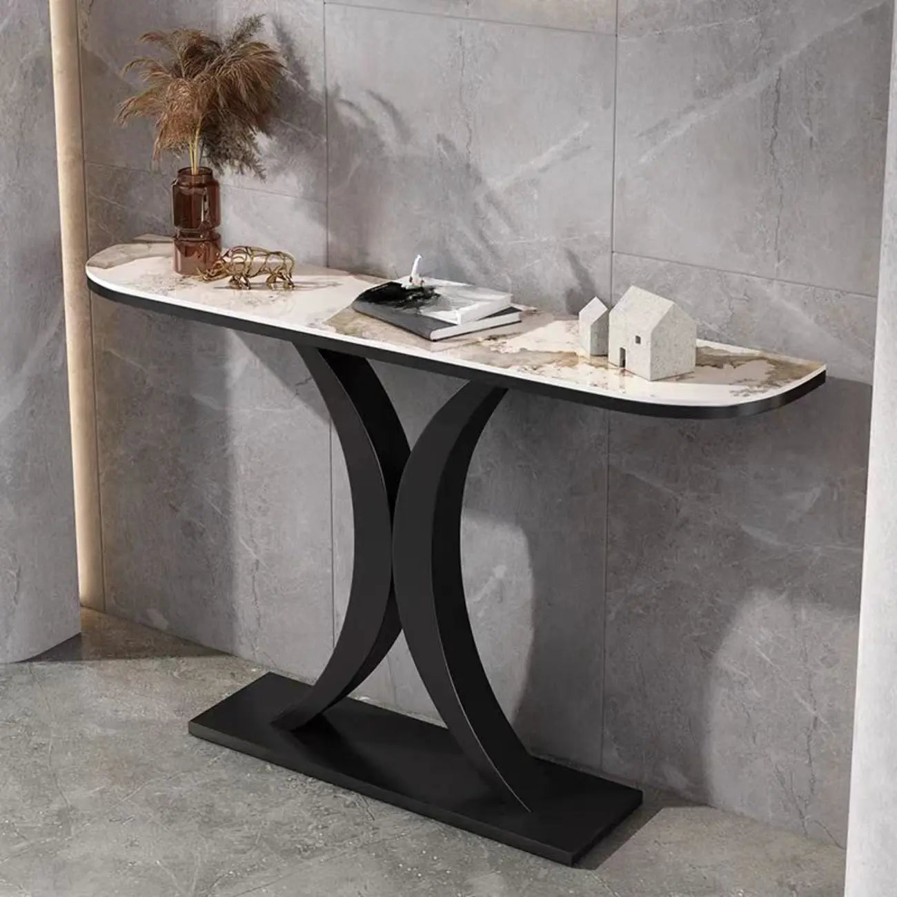White Half-Circle Stone Rose Gold Entryway Console Table