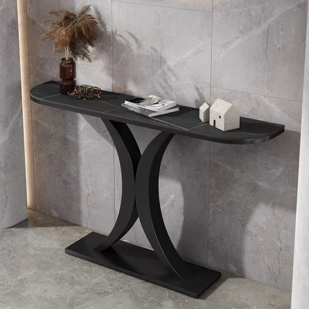White Half-Circle Stone Rose Gold Entryway Console Table