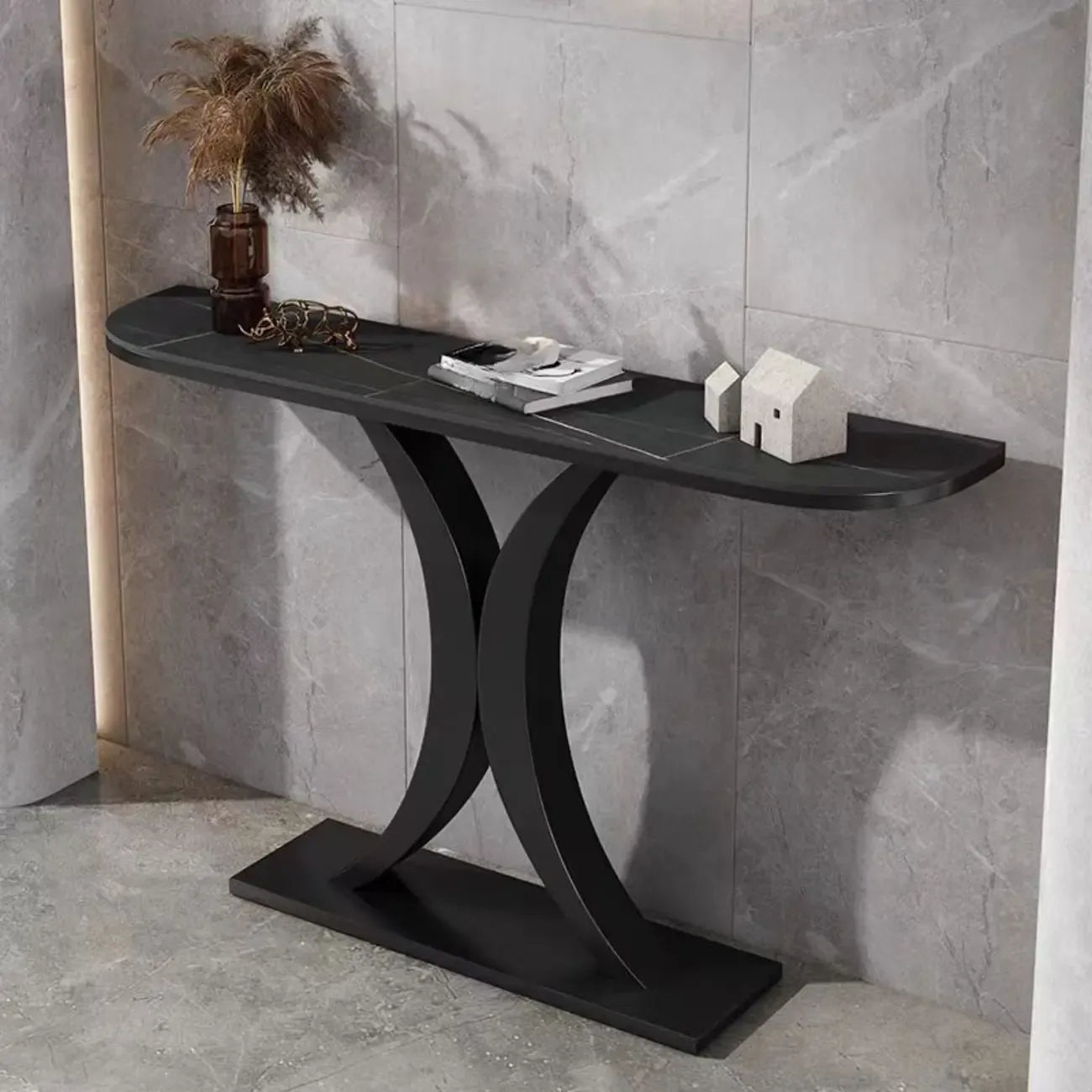 White Half-Circle Stone Rose Gold Entryway Console Table