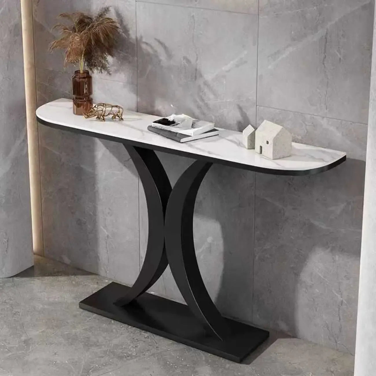 White Half-Circle Stone Rose Gold Entryway Console Table