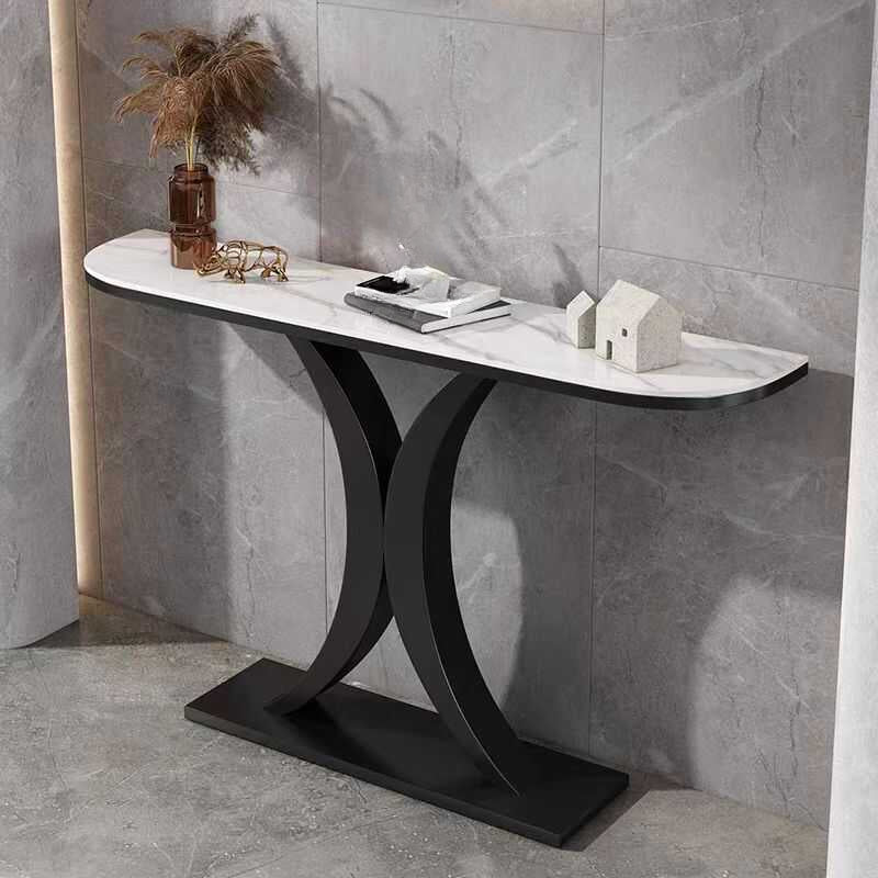 White Half-Circle Stone Rose Gold Entryway Console Table